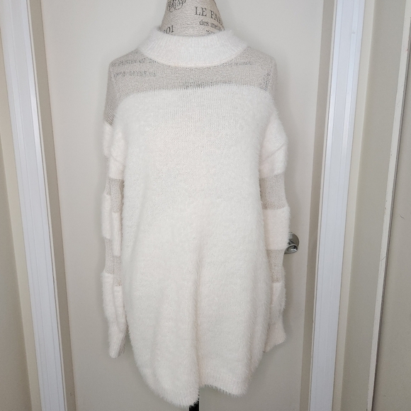 Fluffy White Stripe Knit Sweater - Picture 1 of 10
